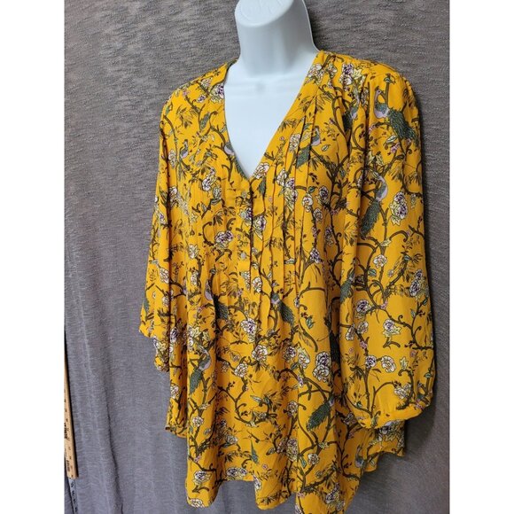 Rose Olive Peasant Top 1X Yellow Peacock Artsy Whimsical 3/4 Sleeve Flowy - Picture 16 of 16